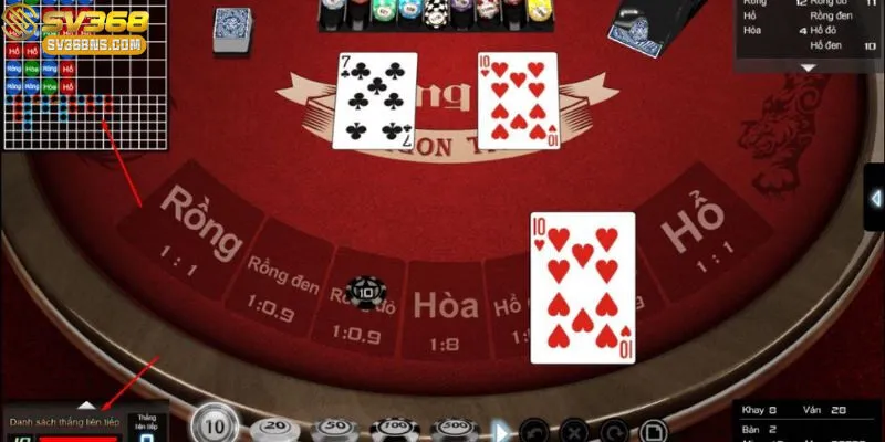 Hình ảnh của giao diện trò chơi Rồng Hổ tại SV368, với các lá bài đang được chia ra.